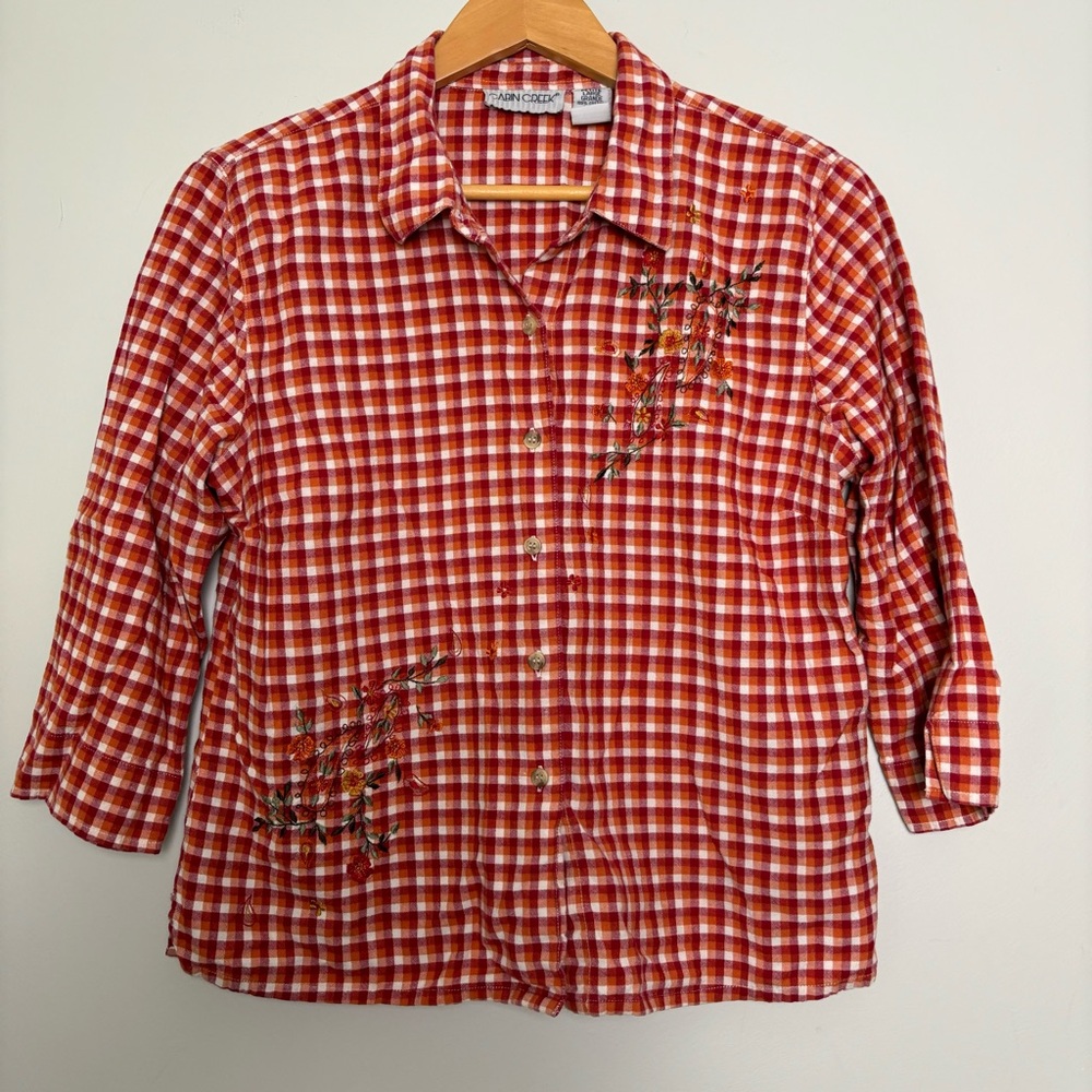 Cabin Creek VTG 90s Floral Paisley Embroidered Plaid 3/4 Sleeve Shirt-Petite L